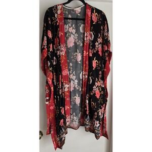 Knox Rose Women Kimono Black Floral Relaxed Open Front Cardigan Lightweight Boho